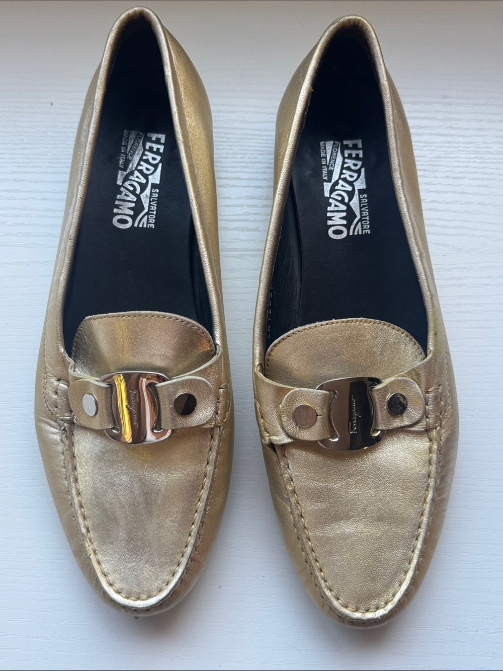 Salvatore Ferragamo Metallic Gold Leather Loafers with Signature Gancini
